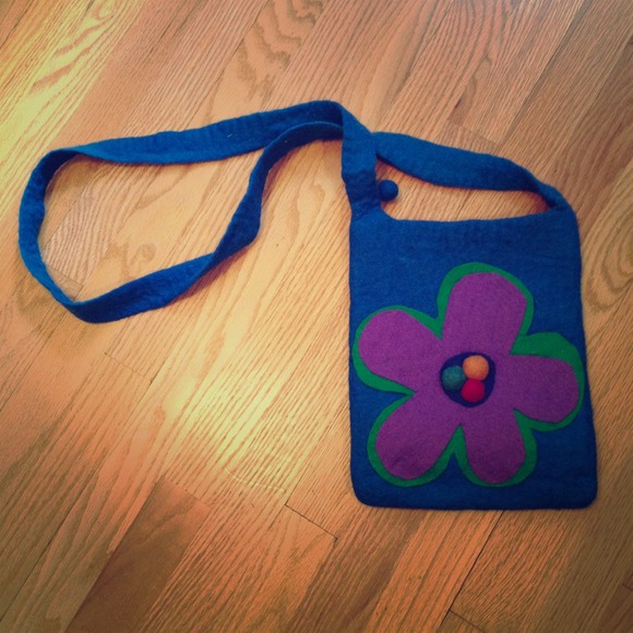 Blue Felt Messenger Bag With Flower Design
