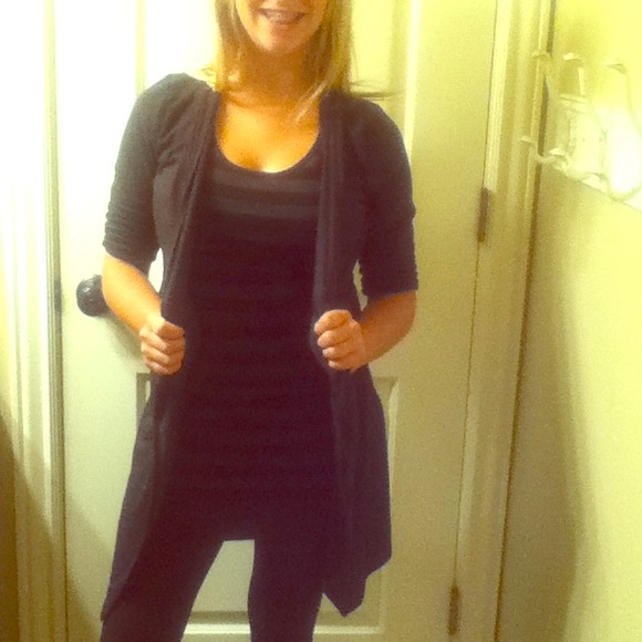 Gray and black striped shirt with black cardigan