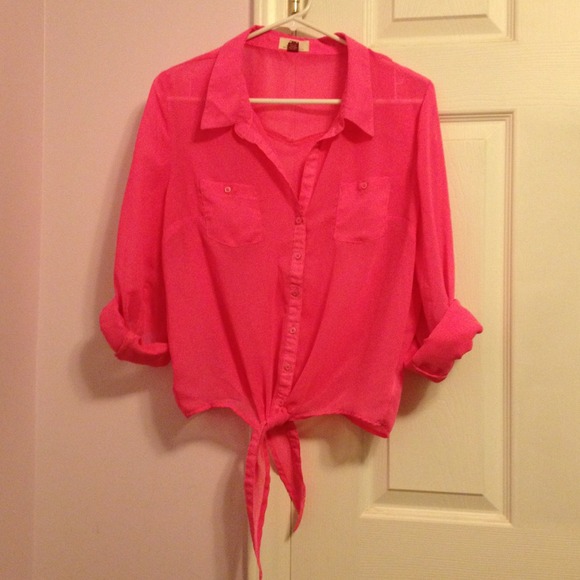 Hot pink sheer button up with tie