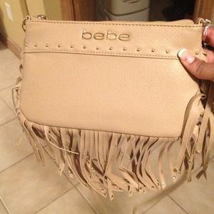BEBE Fringe cream cross body purse