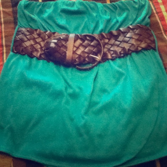 Teal Strapless Top with Brown Belt