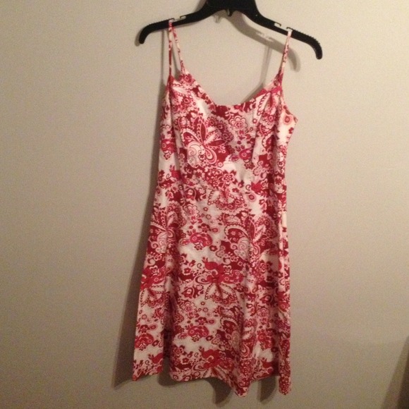 Red and white floral print sun dress