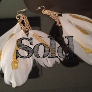 White/Gold Glitter Feather Earrings