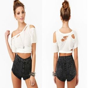 High waisted black denim acid shorts
