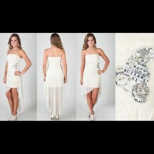 Strapless high low party dress with rhinestones