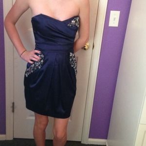 navy and silver beaded strapless homecoming dress