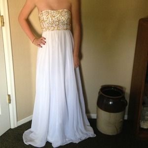 white and gold beaded prom dress