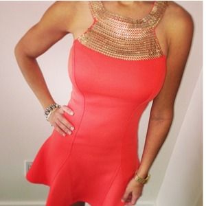 Gold metal detail skater dress & yellow maxi