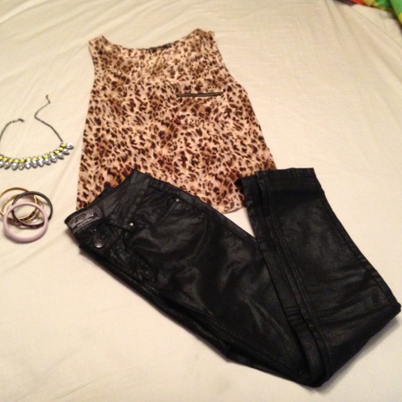 Other - BUNDLE! Metallic jeans, leopard tank and bangles