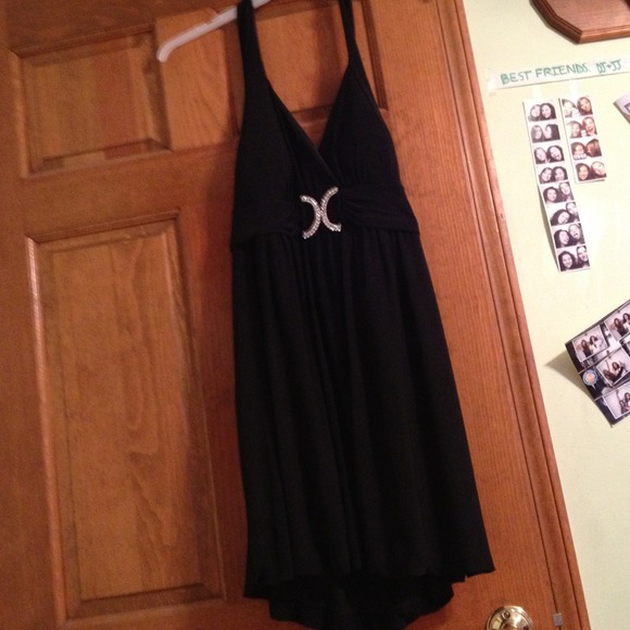 Black halter short dress with rhinestone detail