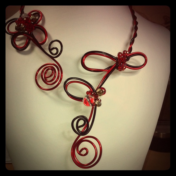 #101. 3 piece red,  black and crystal wire set.