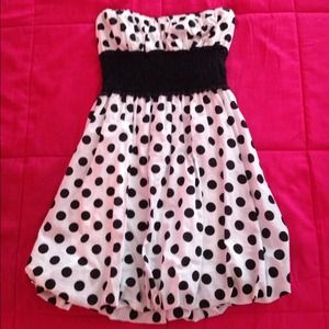 Black & white polka dot strapless mini dress