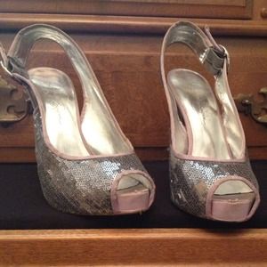 4" heel/Peep toe/silver sequins/with lavender heel