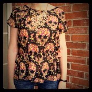 Sheer Black Top with Floral Skull Pattern