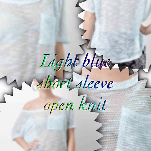 NEW🐠LIGHT BLUE OPEN KNIT POCKET SHORT SLEEVE TOP - Picture 3 of 3
