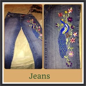 Boot cut jeans. Peacock embroiled
