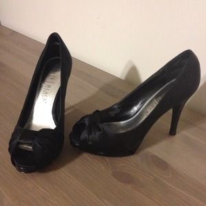 Black satin peep toe pumps