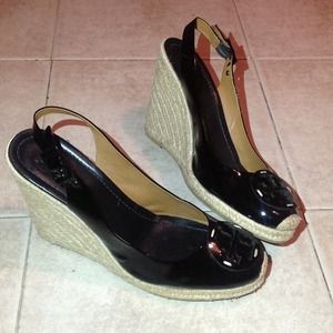 TORY BURCH Black Patent Wedges Size 10