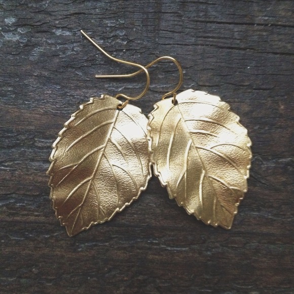 SOLD Large Brass Leaf Earrings - Picture 2 of 3