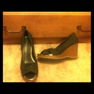 Peep toe denim wedges