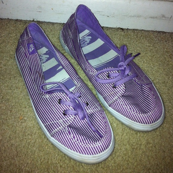 Purple and white striped flats with purple laces