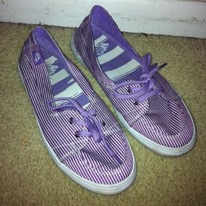 Purple and white striped flats with purple laces