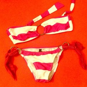 2 piece bikini. Maroon and white stripes.