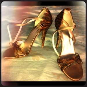 Stuart Weitzman Satin Peacock Feather Sandals.