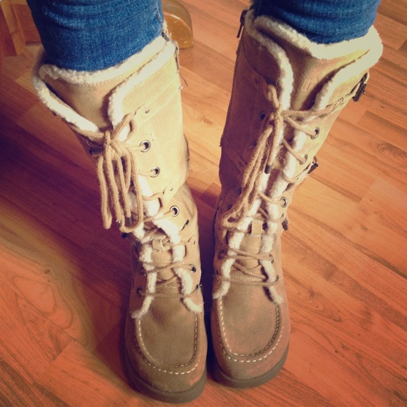 Report boots. Tan & white. Just below knee length.