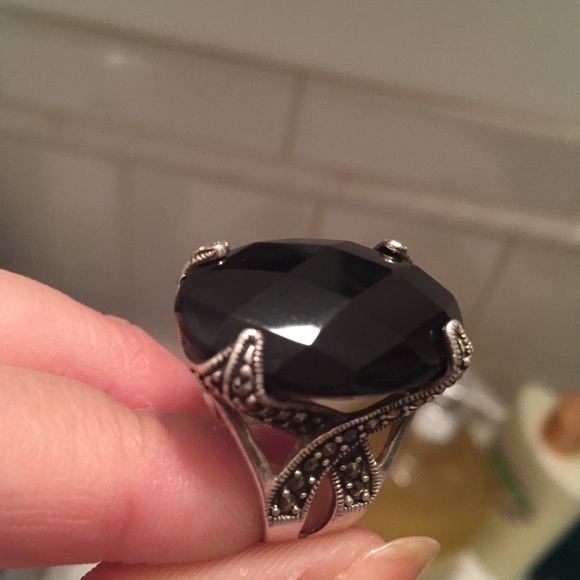 REAL Black Onyx Pendant and Ring Sz 7 w/ Marcasite - Picture 1 of 4