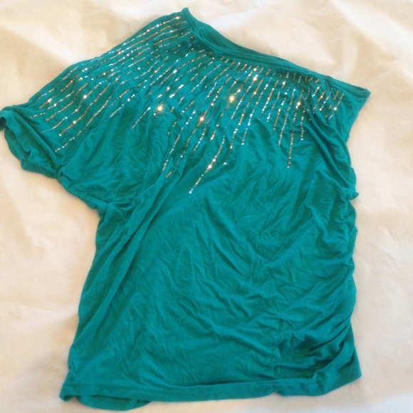 Teal one shoulder top with sequin design.