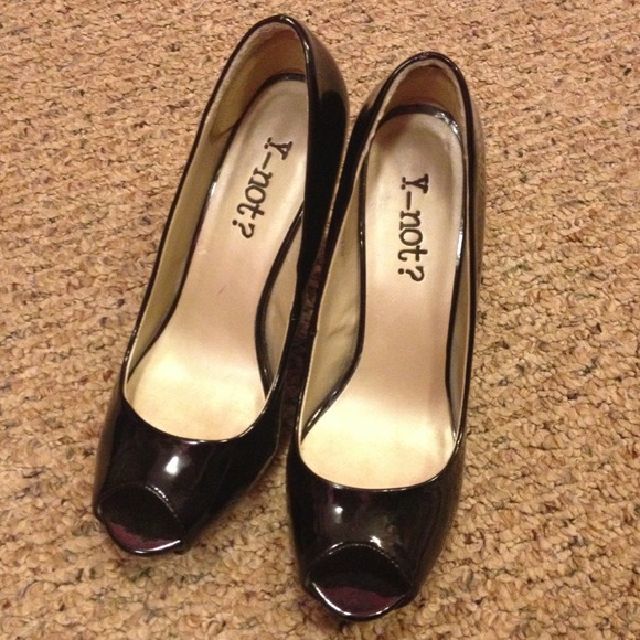 Black patent peep toe heels