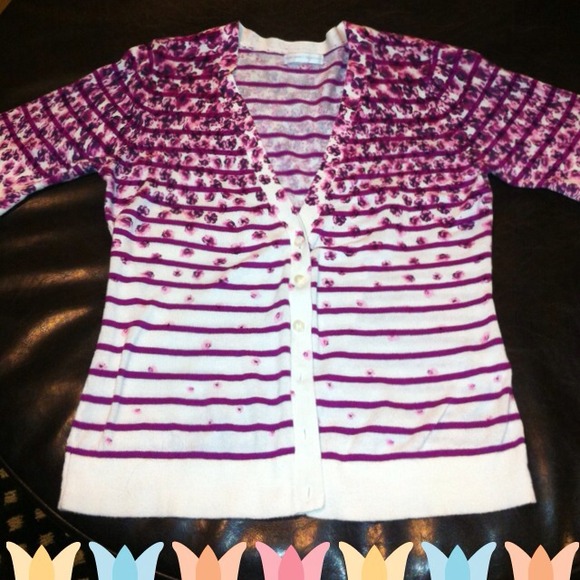 Flowers and striped pinkish purple sweater