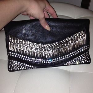 Stunning NWT Embellished Black Leather Clutch
