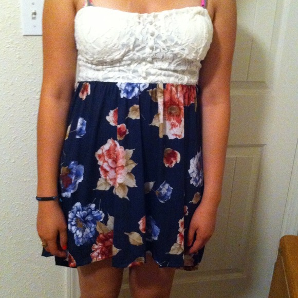 Dark blue dress with a white laced top