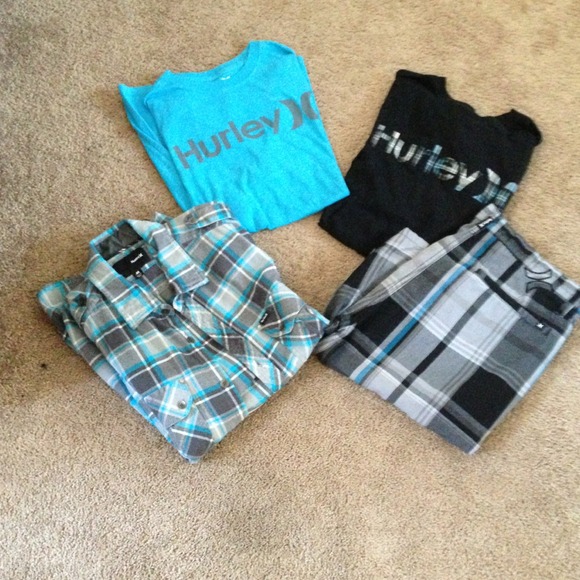 Hurley shorts, tee, flannel, and billabong tee.