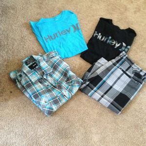 Hurley shorts, tee, flannel, and billabong tee.