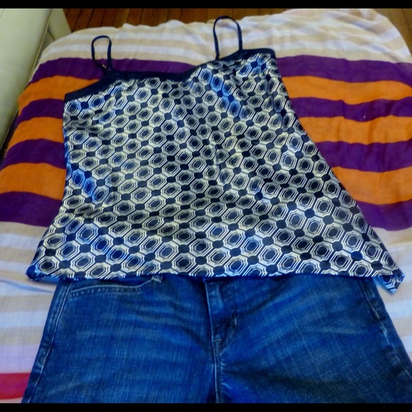 Old navy blue and white print satin top