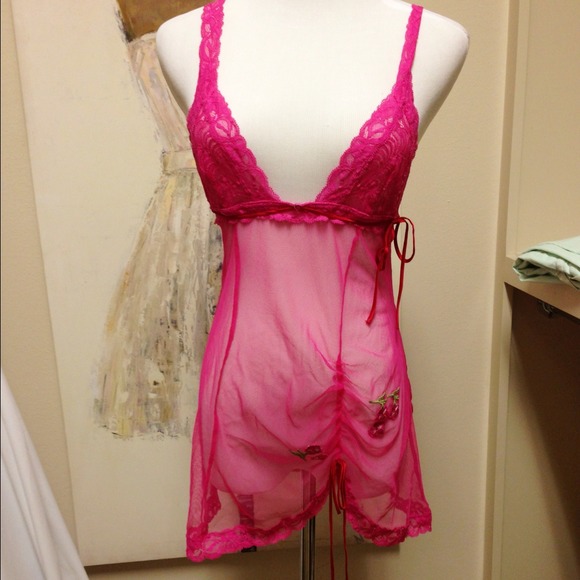 Vintage pink Victorias Secret babydoll fuchsia Small sheer cherries chemise