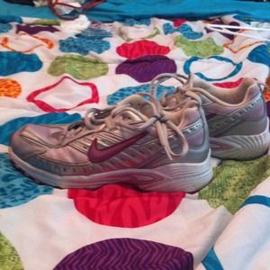 Gray, white, and purple running shoes