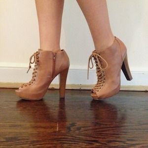 Tan Lace-up Bootie Heels