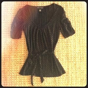 Black with grey dots scoop neck belted top