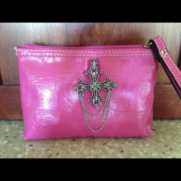 Pink Faux Leather Croco Embossed Wristlet