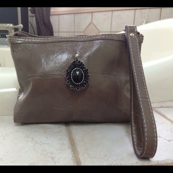 Taupe Faux Leather Croco Embossed Wristlet
