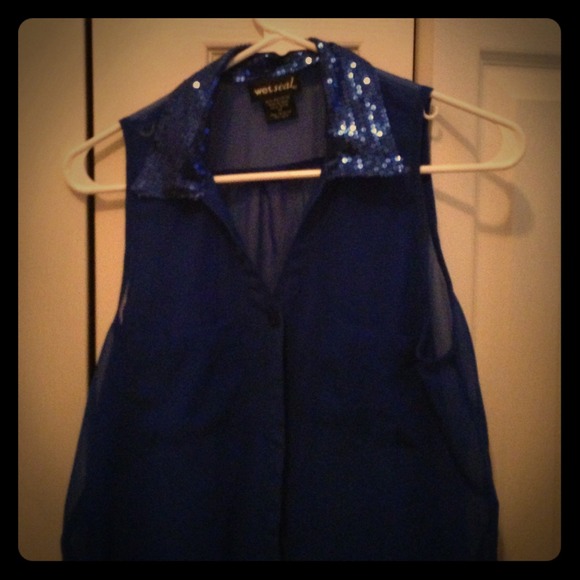 Blue button down shirt with sequin collar