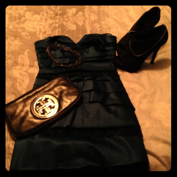 BCBGENERATION dress in slate blue/ black lace.