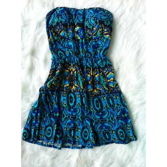 Blue yellow black printed dress - Picture 1 of 2