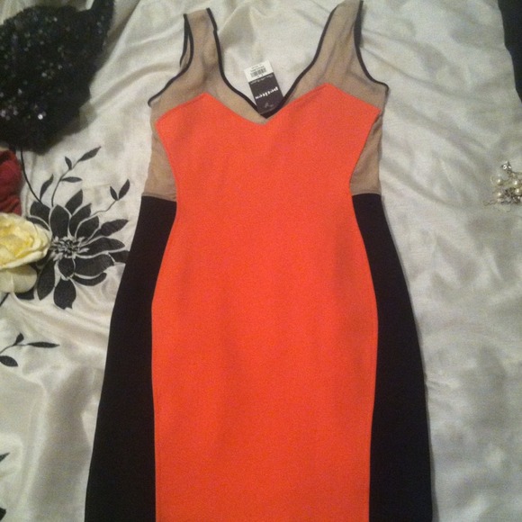 Super hot coral, black and nude dress