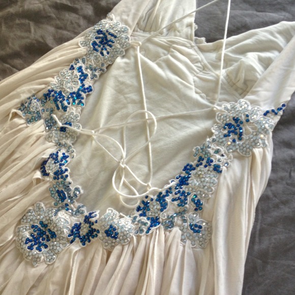 Beautiful offwhite dress w/blue Swarovski crystals