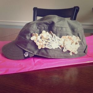 Army green women's cap with lace flower design!